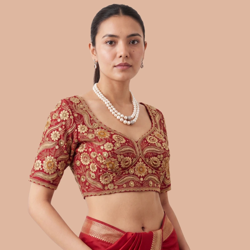 Rani Bridal Sabyasachi Neck Italian Silk Embroidered Readymade Blouse