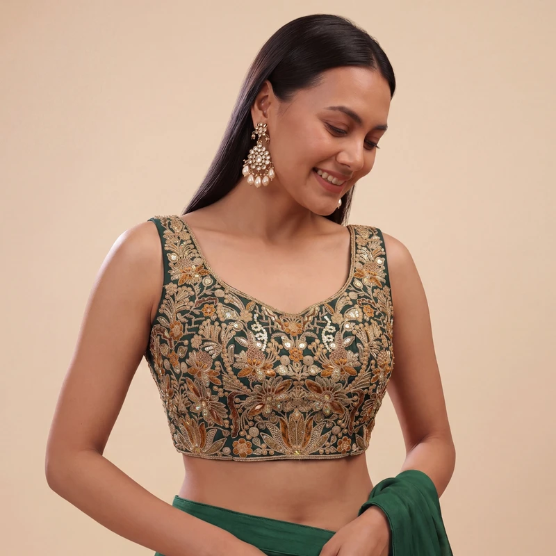 Bottle Green Heavy Coding n Sequin Work Readymade Designer Blouse