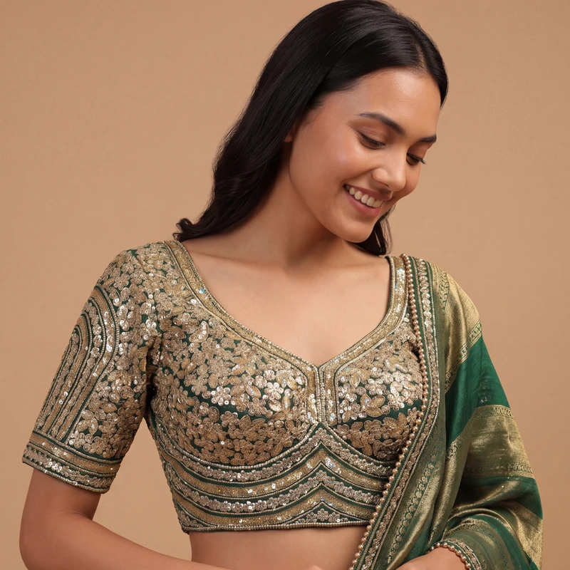 Bottle Green Italian Silk Heavy Coding & Sequin Work Sabyasachi Neck Blouse