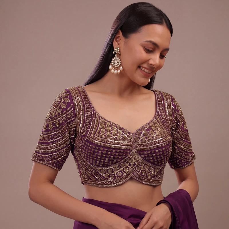 Wine Handwork Beads Partywear Sabyasachi Neck Blouse in Pure Fox Georgette