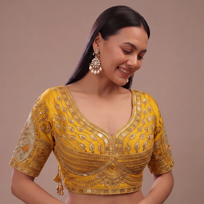 Mustard Sabyasachi Style Beads & Embroidery Partywear Blouse in Roman Silk