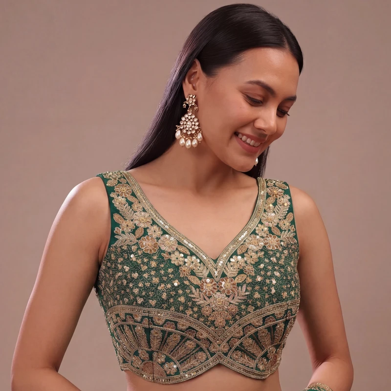 Bottle Green Zari & Sequins Work  Partywear Sleeveless  Blouse