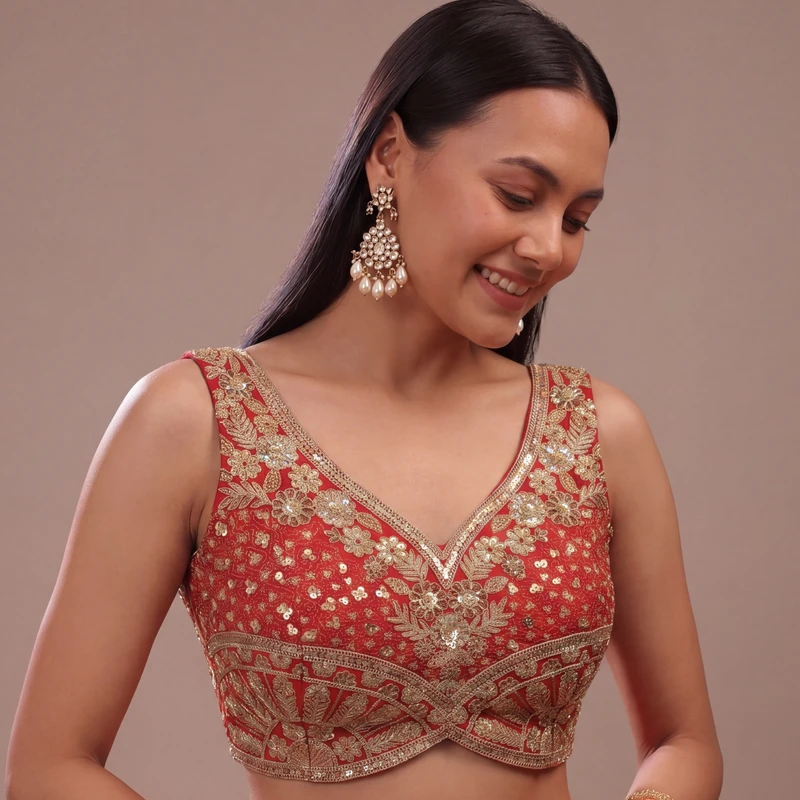 Red Zari & Sequins Work  Partywear Sleeveless  Blouse