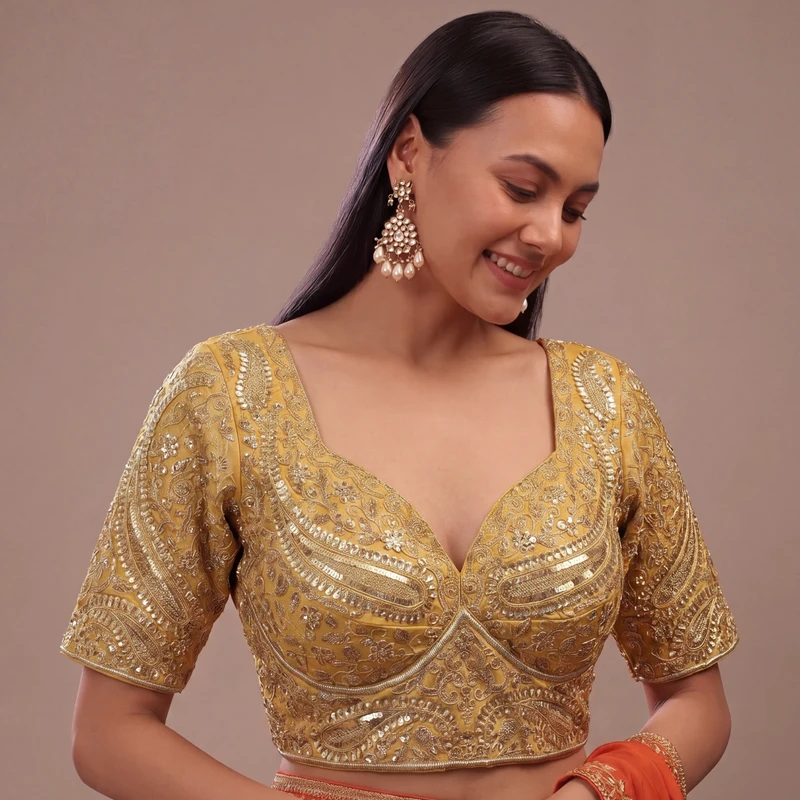 Yellow Color Italian Silk Readymade Designer Blouse with Sequin & Codding Work
