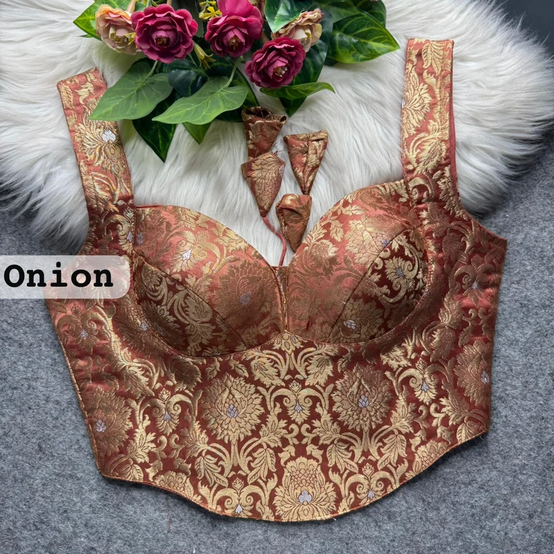 Onion Pink Banarasi Corset Blouse with Jari Work & Latkan Back Open Style