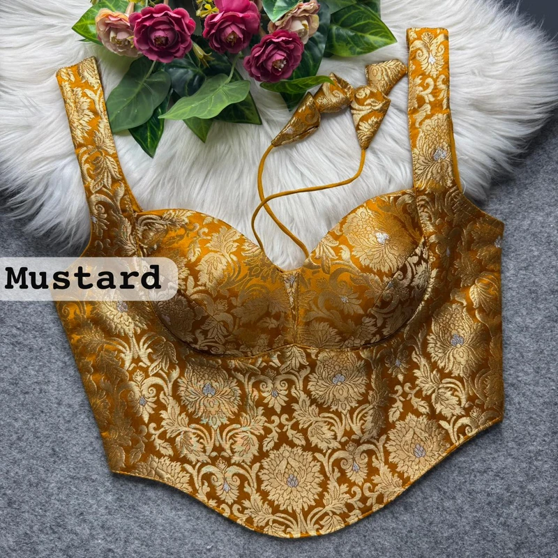 Mustard Banarasi Corset Blouse with Jari Work & Latkan Back Open Style