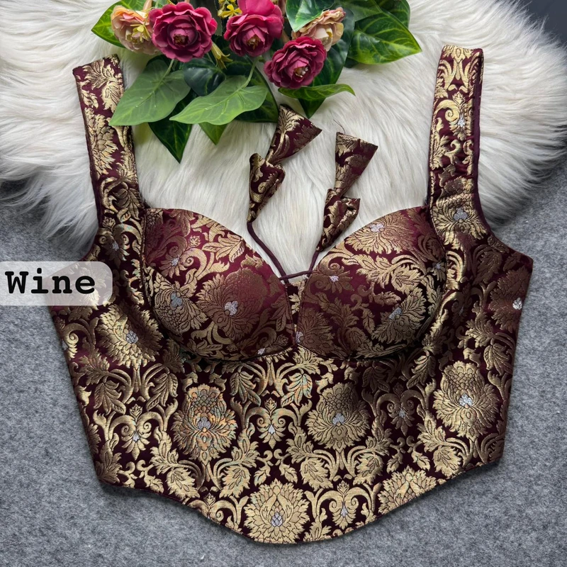 Wine Banarasi Corset Blouse with Jari Work & Latkan Back Open Style