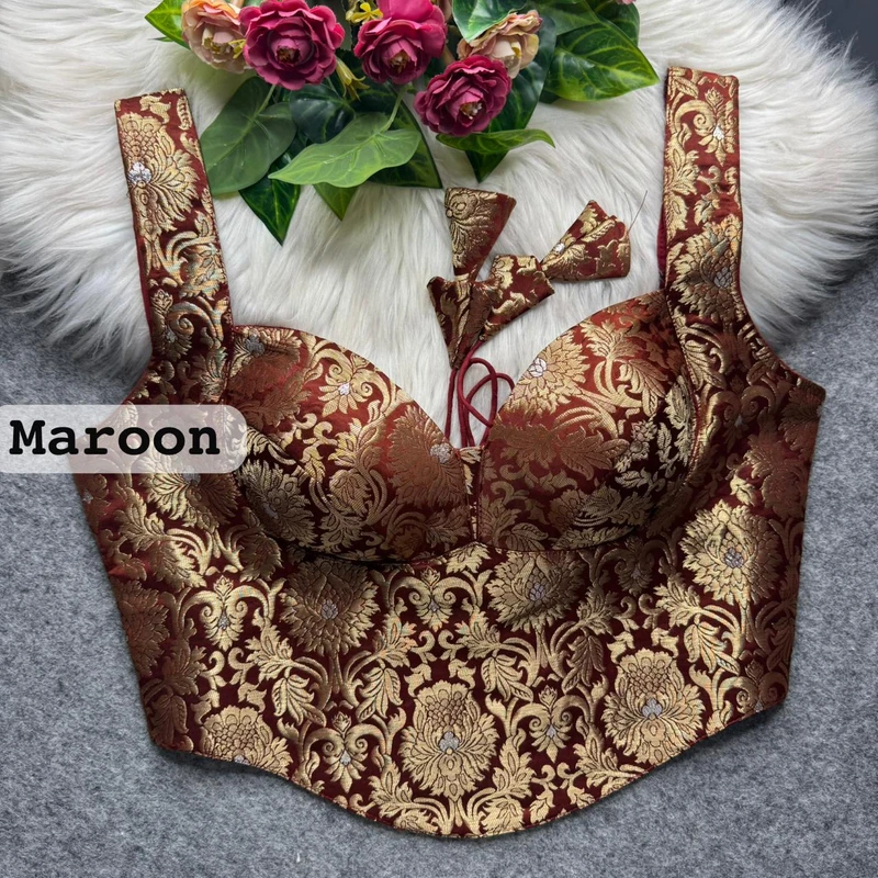 Maroon Banarasi Corset Blouse with Jari Work & Latkan Back Open Style