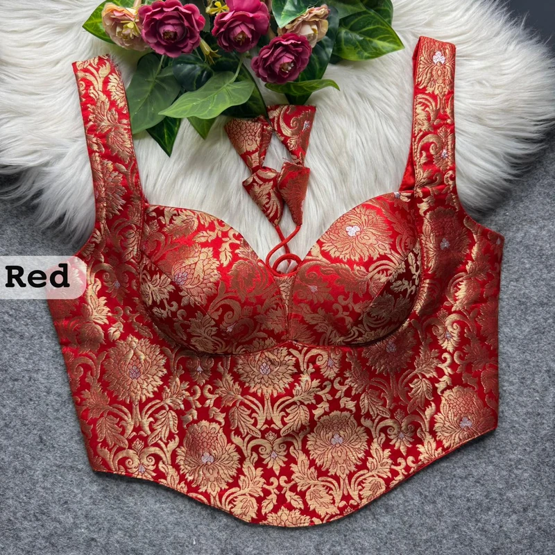 Red Banarasi Corset Blouse with Jari Work & Latkan Back Open Style