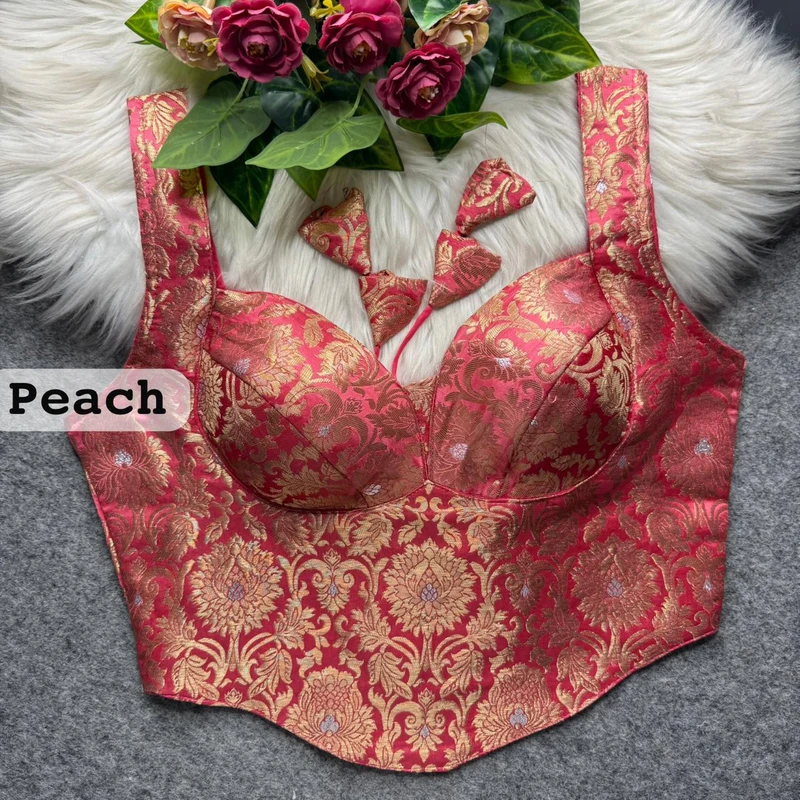 Peach Banarasi Corset Blouse with Jari Work & Latkan Back Open Style