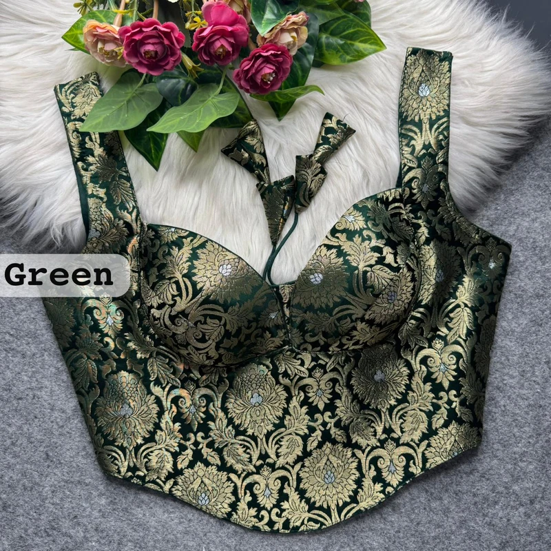 Bottle Green Banarasi Corset Blouse with Jari Work & Latkan Back Open Style