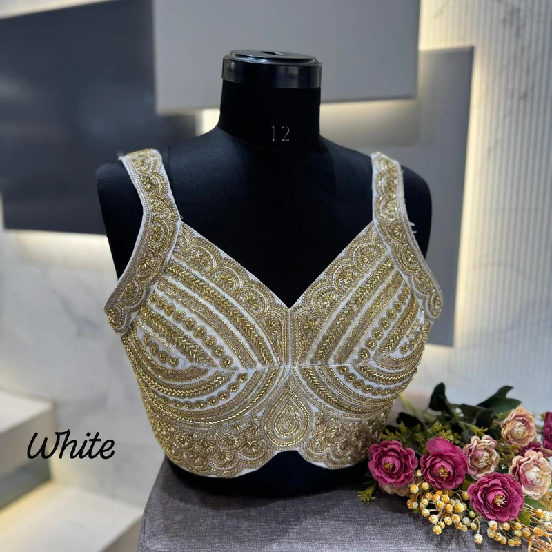 White Heavy Beads Work Sleeveless Italian Silk Blouse for Women