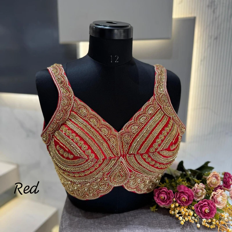 Red Heavy Beads Work Sleeveless Italian Silk Blouse for Women