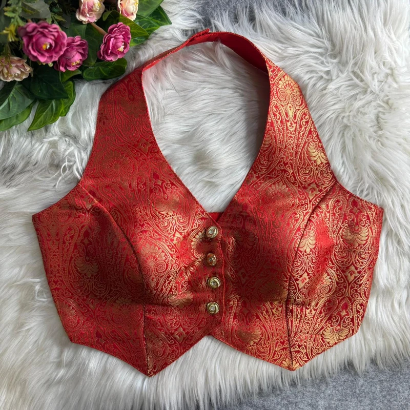 Red Banarasi Jacquard Silk Halter Neck Designer Blouse for Women