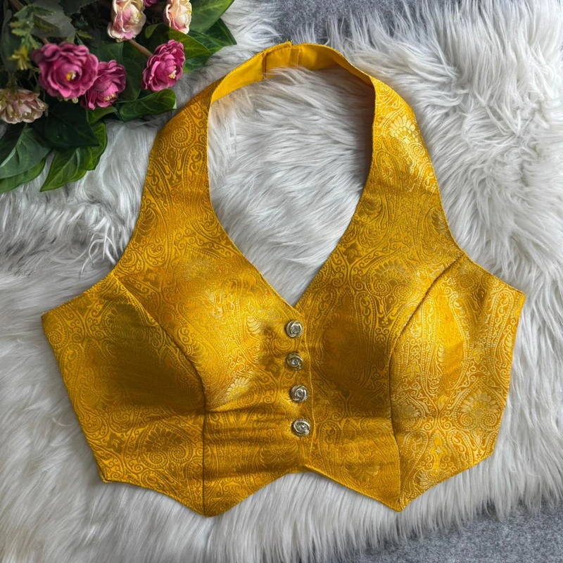 Yellow Banarasi Jacquard Silk Halter Neck Designer Blouse for Women