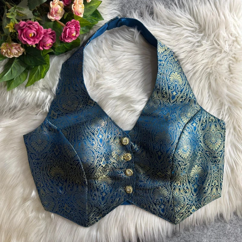 Morpeach Banarasi Jacquard Silk Halter Neck Designer Blouse for Women
