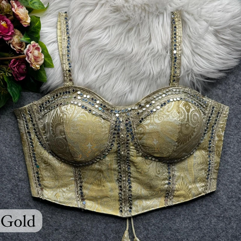 Gold Western Style Banarasi Corset Blouse with Real Mirror Work Lace