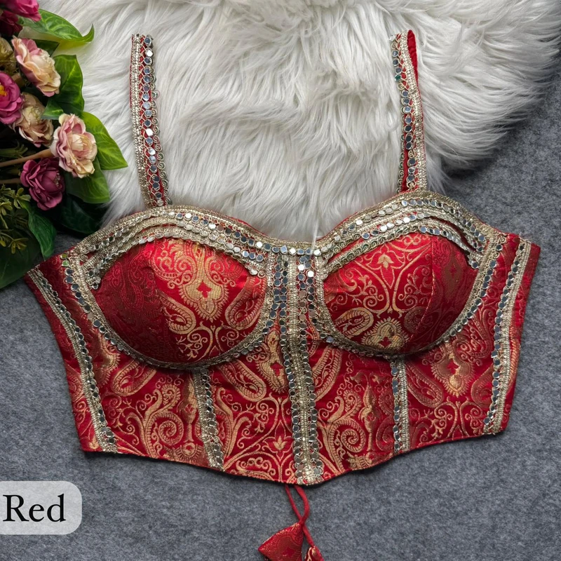 Red Western Style Banarasi Corset Blouse with Real Mirror Work Lace