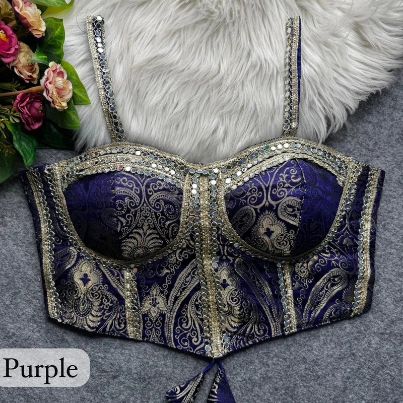Purple Western Style Banarasi Corset Blouse with Real Mirror Work Lace