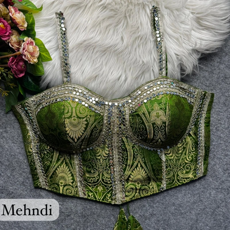 Mehndi Green Western Style Banarasi Corset Blouse with Real Mirror Work Lace