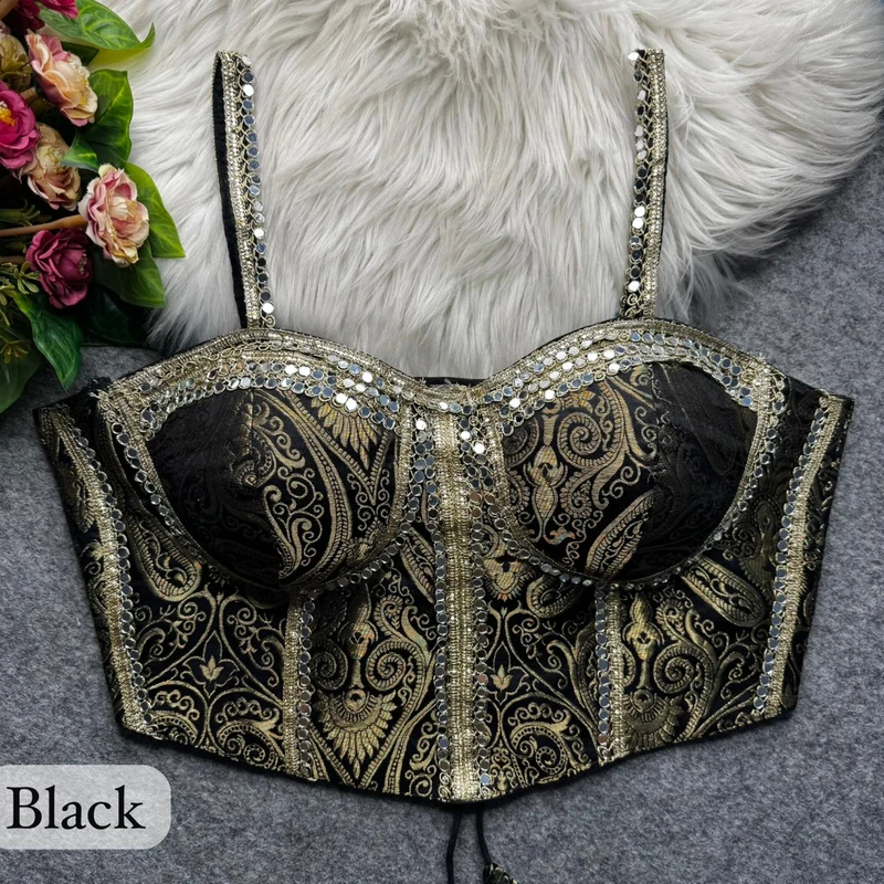 Black Western Style Banarasi Corset Blouse with Real Mirror Work Lace