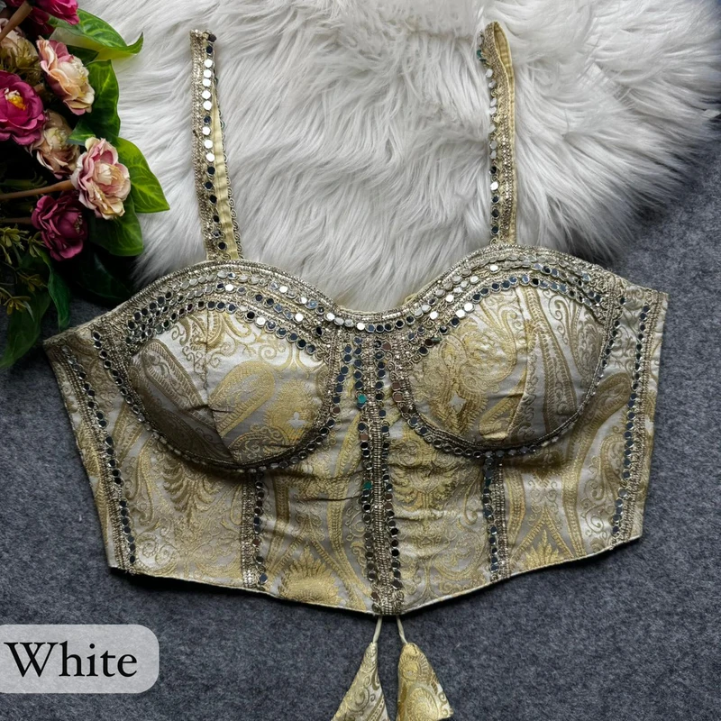 White Western Style Banarasi Corset Blouse with Real Mirror Work Lace