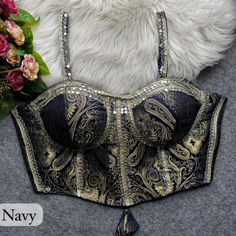 Navy Blue Western Style Banarasi Corset Blouse with Real Mirror Work Lace