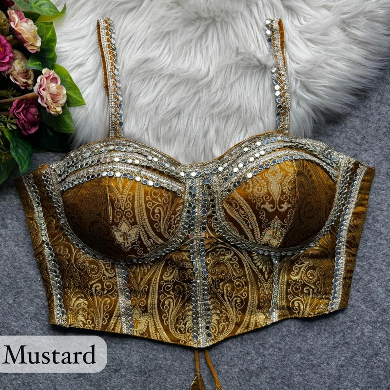 Mustard Western Style Banarasi Corset Blouse with Real Mirror Work Lace