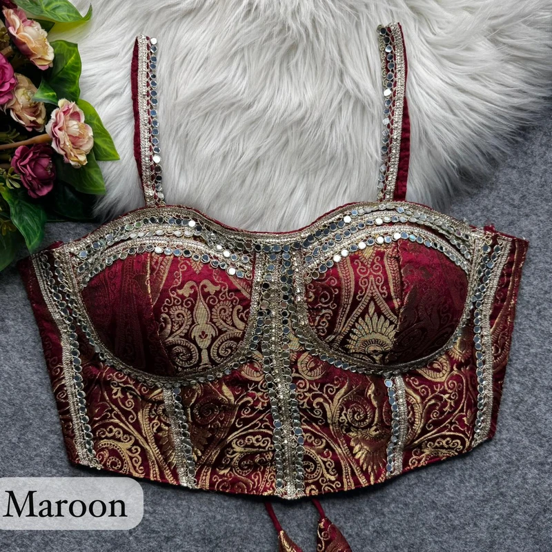 Maroon Western Style Banarasi Corset Blouse with Real Mirror Work Lace