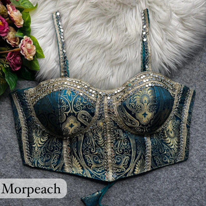 Morpeach Western Style Banarasi Corset Blouse with Real Mirror Work Lace