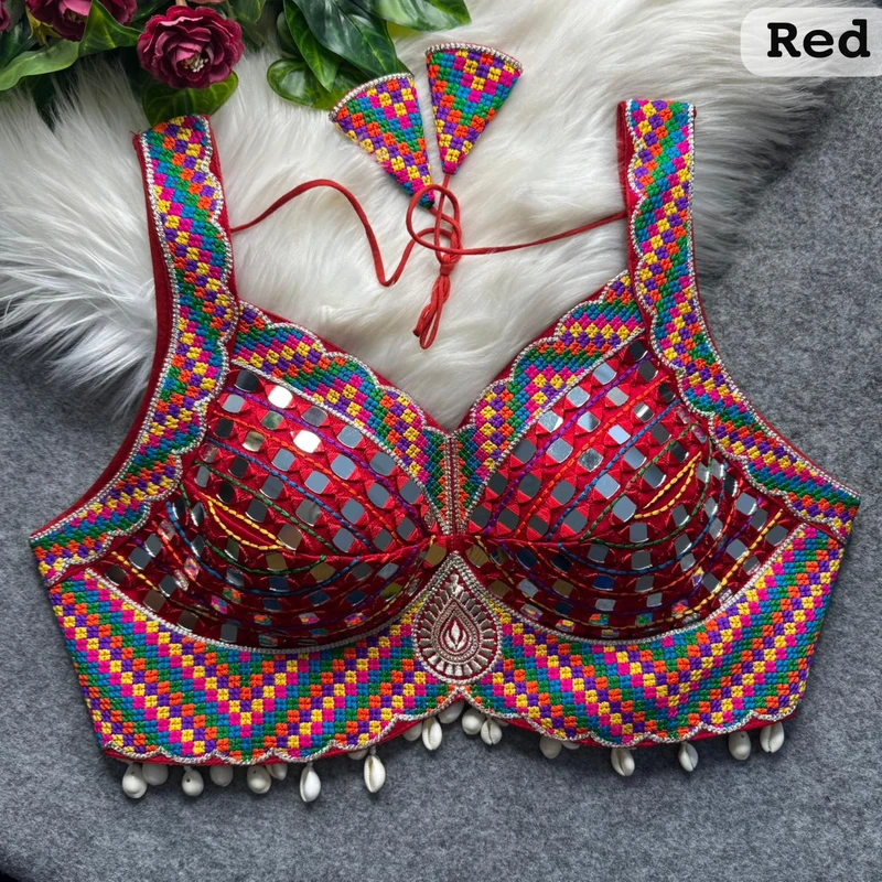 Red Navratri Garba Real Mirror Work Blouse with Thread & Kaudi Work