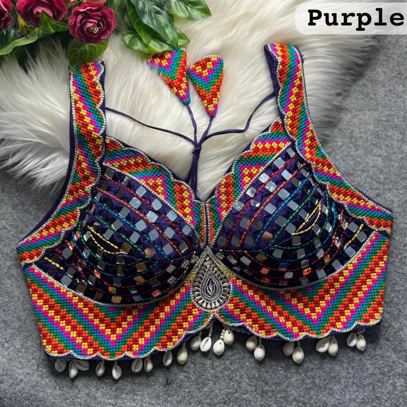 Purple Navratri Garba Real Mirror Work Blouse with Thread & Kaudi Work