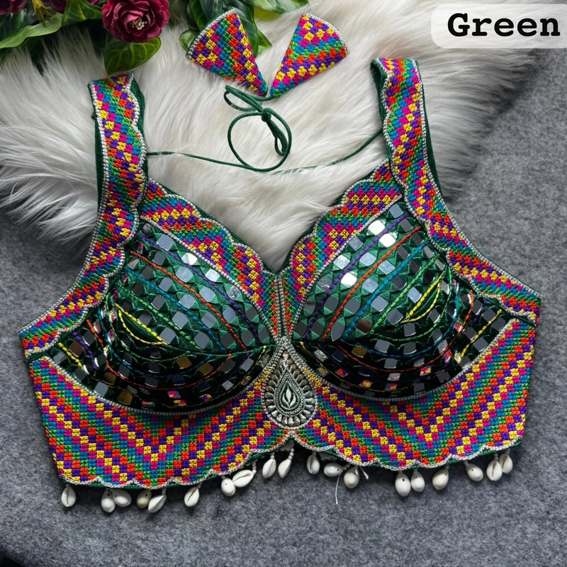 Green Navratri Garba Real Mirror Work Blouse with Thread & Kaudi Work