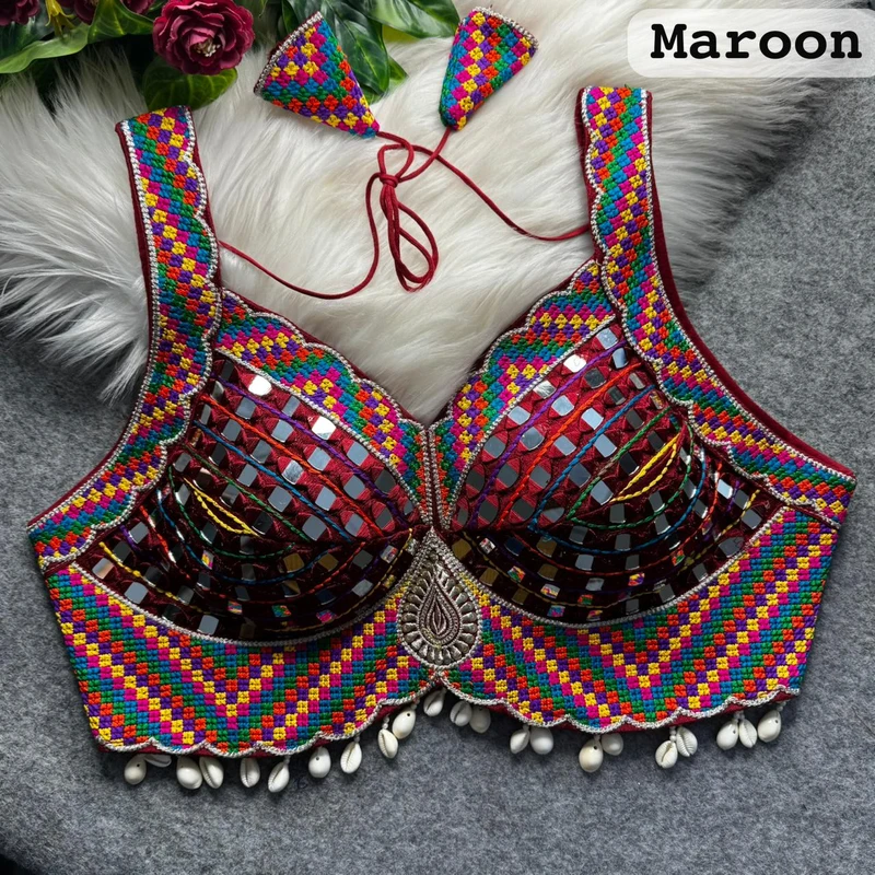 Maroon Navratri Garba Real Mirror Work Blouse with Thread & Kaudi Work