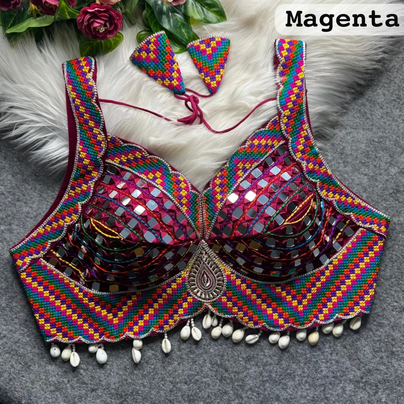Magenta Navratri Garba Real Mirror Work Blouse with Thread & Kaudi Work