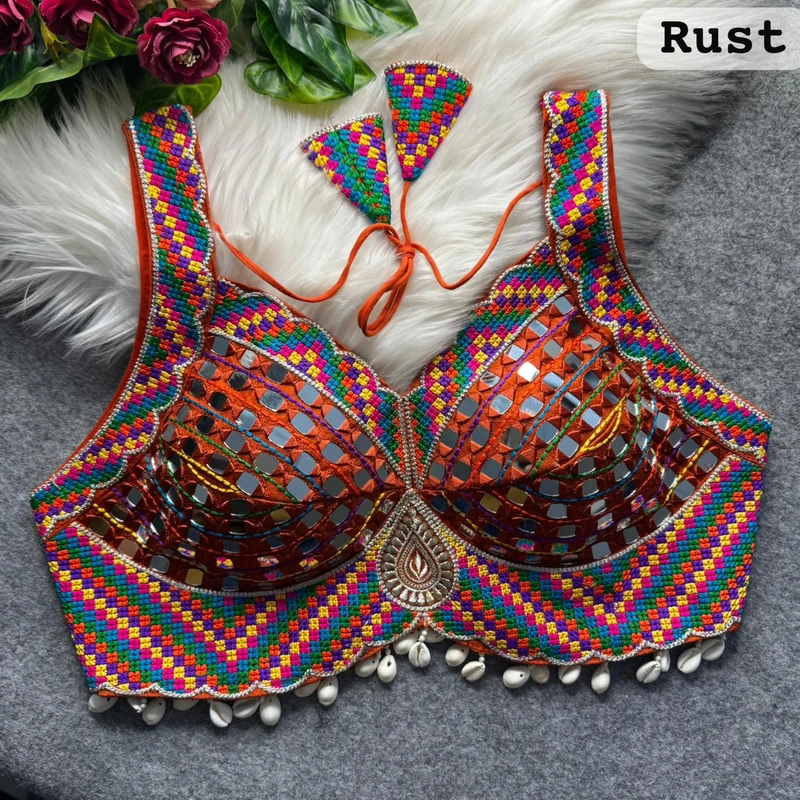 Rust Navratri Garba Real Mirror Work Blouse with Thread & Kaudi Work