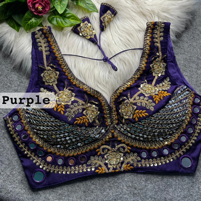 Purple Sabyasachi Designer Beads & Real Mirror Work Bridal Blouse