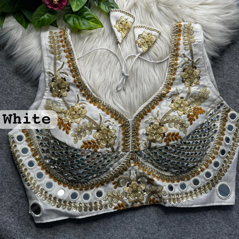White Sabyasachi Designer Beads & Real Mirror Work Bridal Blouse