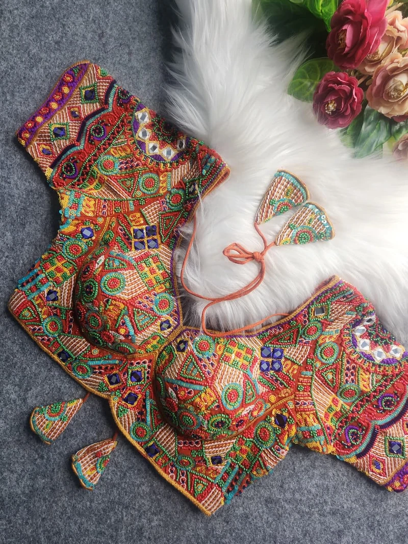 Rust Heavy Threadwork Embroidery Navratri Blouse With Real Mirror Work