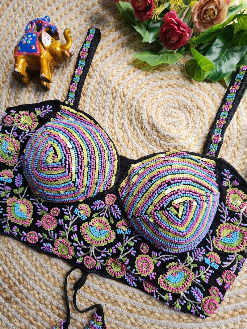 Black Multi Color Beads Work Kutchi Embroidery Blouse for Navratri Garba