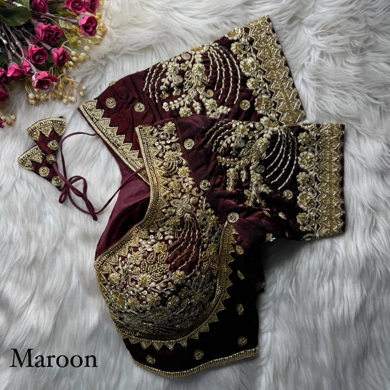 Maroon Heavy Fandy Silk Beads, Sequin & Cording Work Designer Blouse
