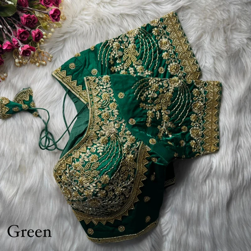 Green Heavy Fandy Silk Beads, Sequin & Cording Work Designer Blouse