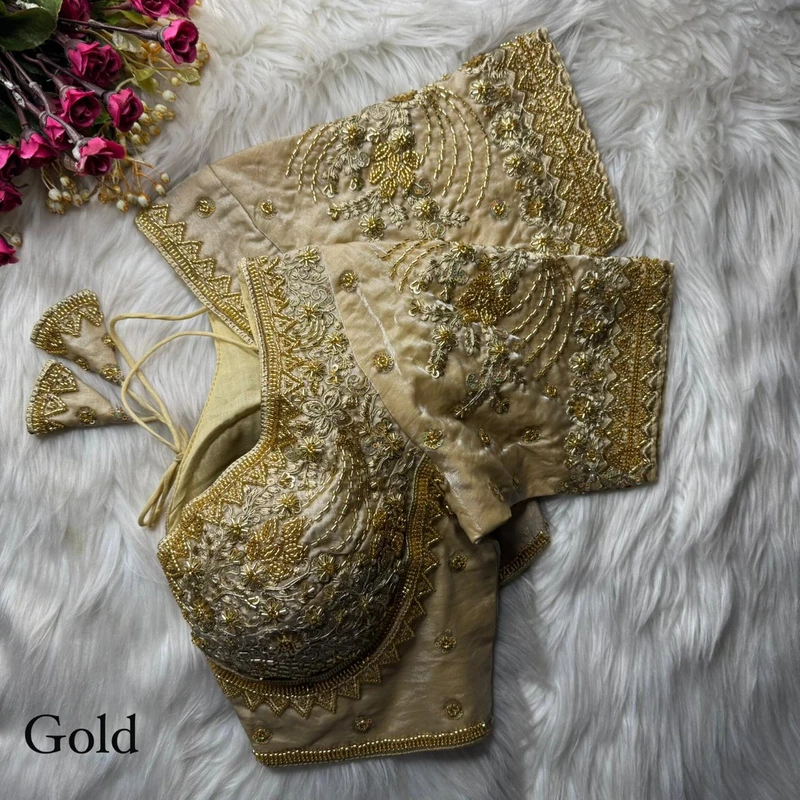 Gold Heavy Fandy Silk Beads, Sequin & Cording Work Designer Blouse