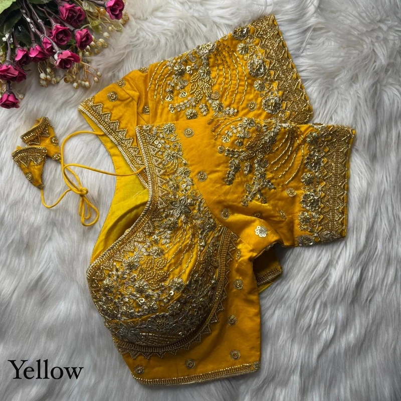 Yellow Heavy Fandy Silk Beads, Sequin & Cording Work Designer Blouse