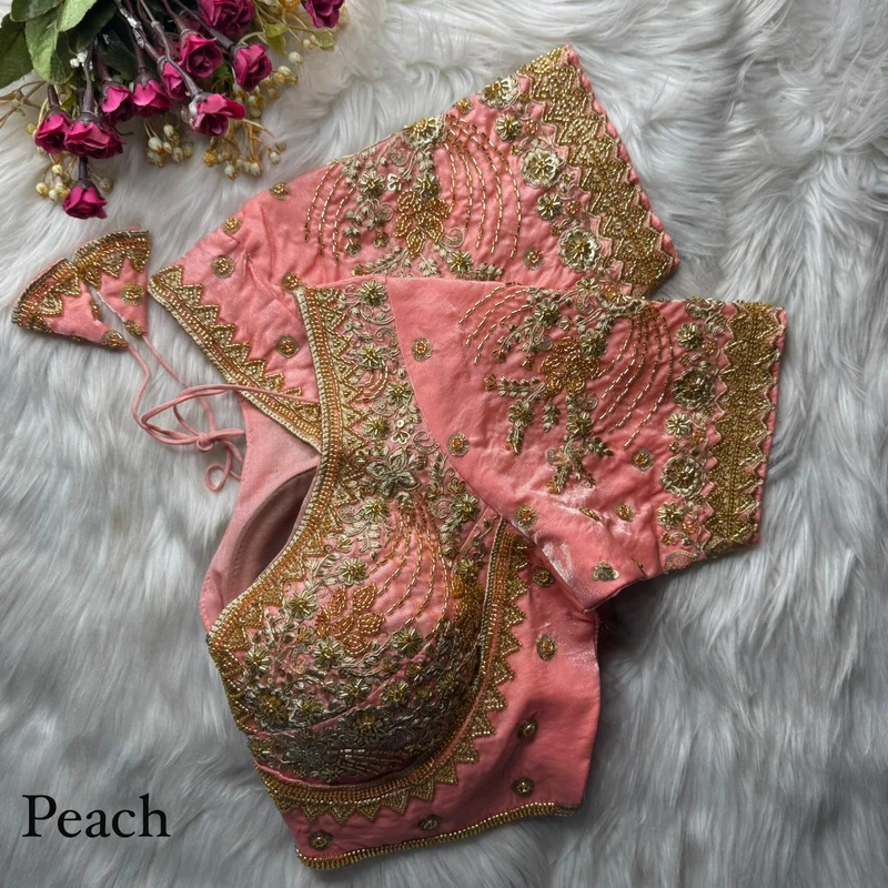 Peach Heavy Fandy Silk Beads, Sequin & Cording Work Designer Blouse