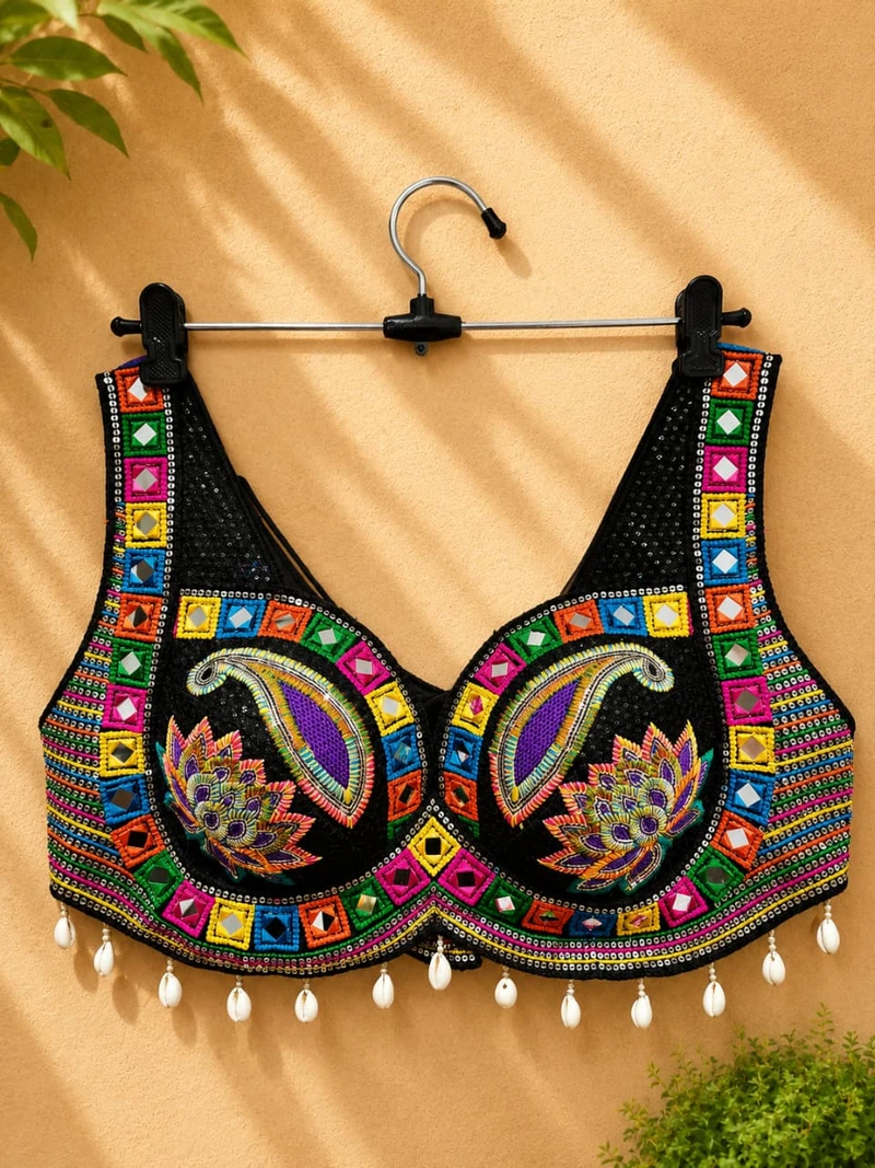 Black Designer Real Mirror, Sequin & Kodi Work Sleeveless Navratri Blouse