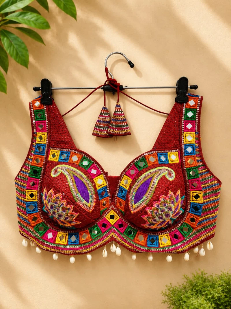 Maroon Designer Real Mirror, Sequin & Kodi Work Sleeveless Navratri Blouse