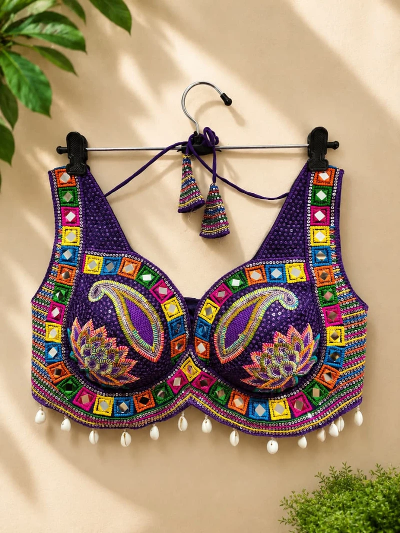 Purple Designer Real Mirror, Sequin & Kodi Work Sleeveless Navratri Blouse