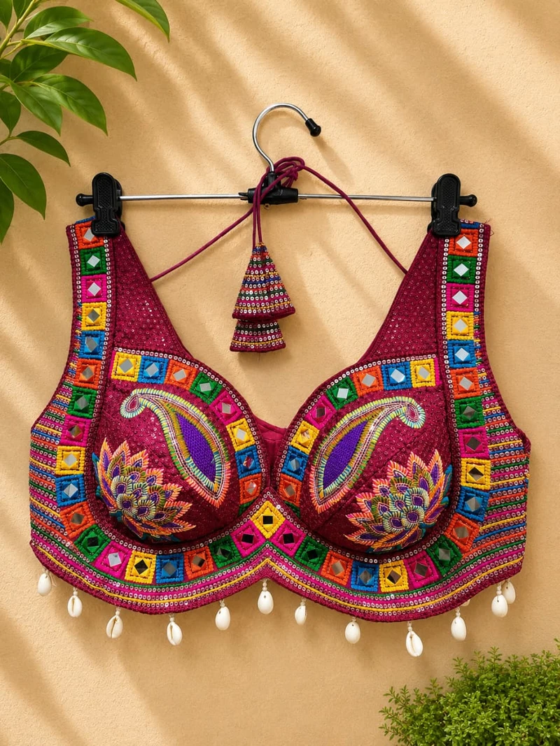 Magenta Designer Real Mirror, Sequin & Kodi Work Sleeveless Navratri Blouse