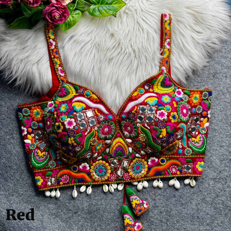 Red Navratri Special Real Mirror Thread & Kaudi Work Spaghetti Blouse
